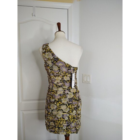 ZARA One Shoulder Mini Dress Draped  Floral Yellow Metallic Cocktail - Picture 10 of 11